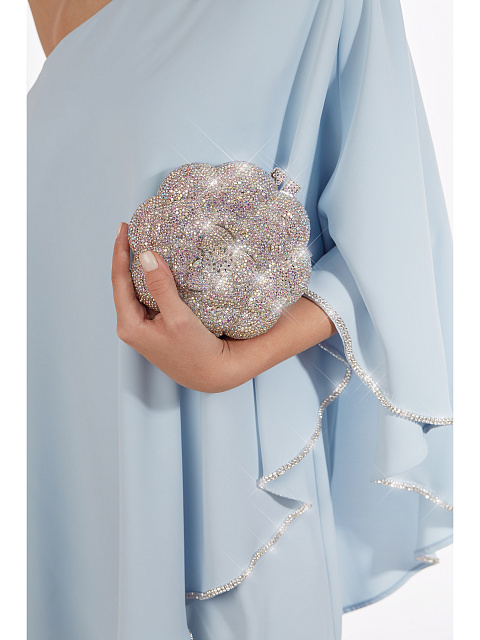 Light Blue Rhinestones Trimmed One Shoulder Midi Dress, 4