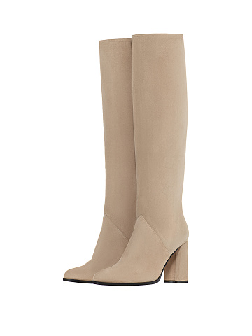 Beige Suede Heeled Long Boots, 1