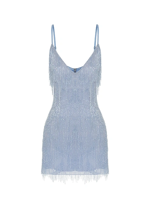 Light Blue Beaded Fringe Chiffon Mini Dress, 1