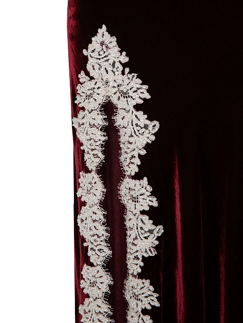 Burgundy velvet midi dress with white lace, 3