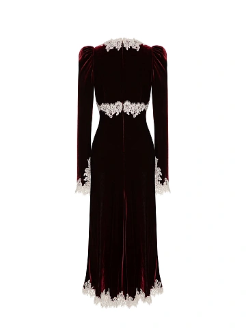 Burgundy velvet midi dress with white lace, 2