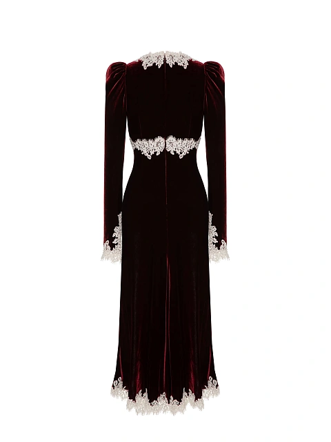 Burgundy velvet midi dress with white lace, 2