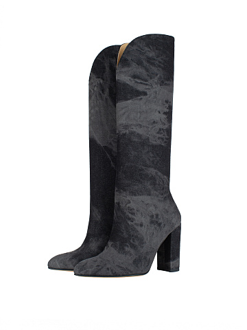 Grey Tie-Dye Denim Heeled Tall Boots, 1