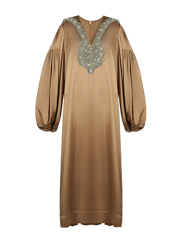 Brown Embroidered Silk Midi Dress, 1