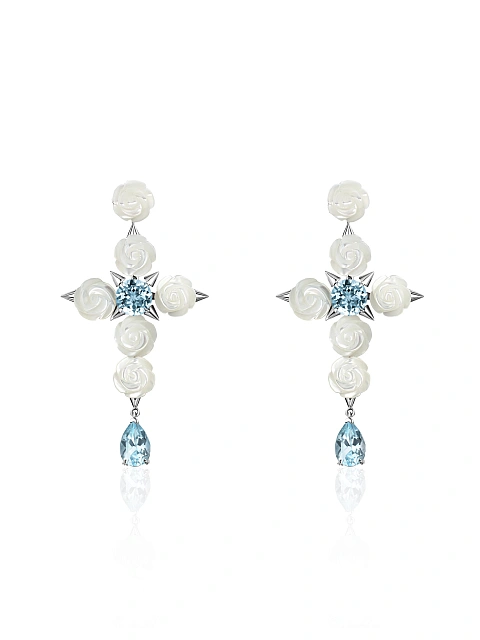 White Gold, Rose-cut Mother-of-Pearl & Topaz Earrings, 1 White Gold, Rose-cut Mother-of-Pearl & Topaz Earrings, 1