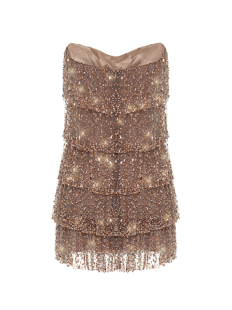 Beige Ruffles & Rhinestones Mini Dress, 2