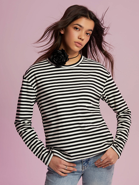 Black and white cotton striped top with light blue print, 4