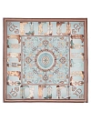Платок шелковый (атлас), серо-голубой с коричневым краем 80х80см, принт казаки YD