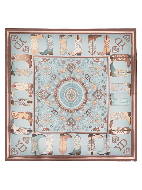 Gray silk scarf with brown western-style print, 1 Gray silk scarf with brown western-style print, 1
