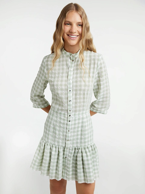Light Green Checked Mini Dress , 4
