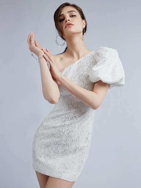 White Asymmetric Lace Mini Dress , 3