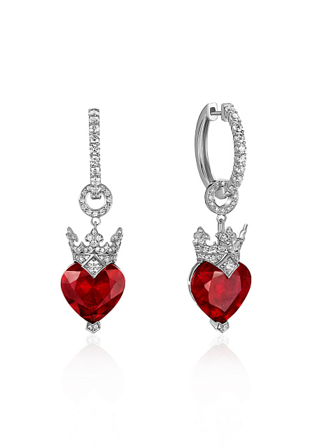 White gold earrings with heart‑cut rubies and diamonds, 1 White gold earrings with heart‑cut rubies and diamonds, 1