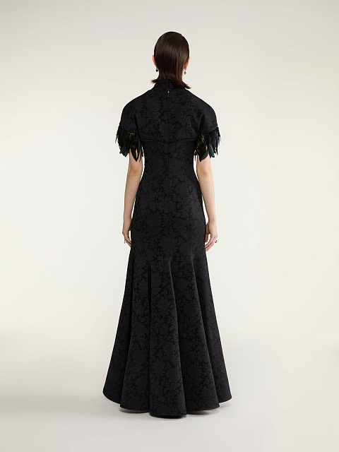 Black Jacquard Maxi Dress With Feathers, 6