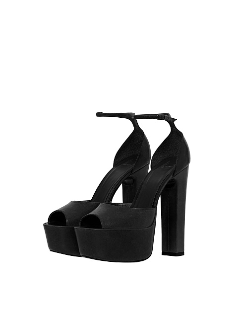Black Leather Chunky Heel Sandals, 1