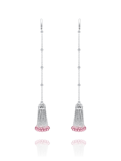 Briolette Rose Quartz & Round Topaz & White Gold Tassel Earrings , 1