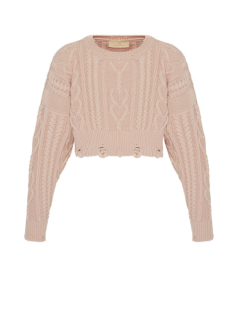 Light Pink Cotton Cropped Cable Knit Sweater, 1 Light Pink Cotton Cropped Cable Knit Sweater, 1