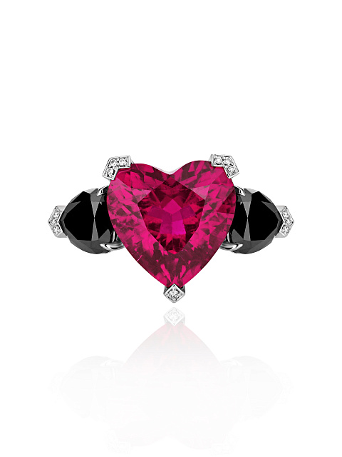 Heart Tourmaline Rubellite & 2 Heart Black Diamond & White Gold Ring, 2