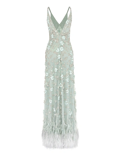 Green Embroidery & Feather Chiffon Maxi Dress, 2