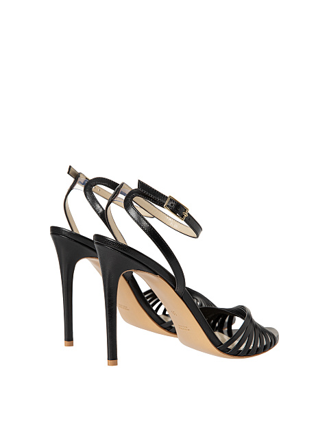 Black Leather High Heel Sandals, 3