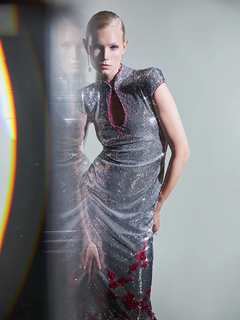 Silver Embroidered Sequin Midi Dress, 6 Silver Embroidered Sequin Midi Dress, 6