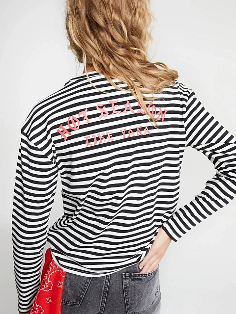 Black and white cotton striped top with red print, 5