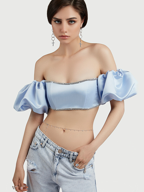 Light Blue Rhinestones Trimmed Satin Top, 8