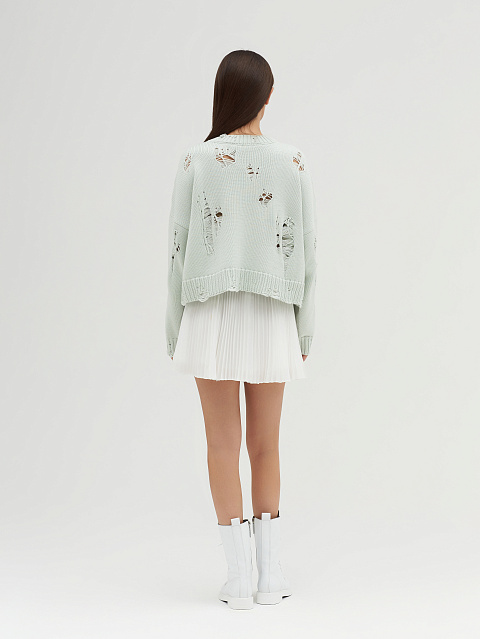 Mint Green Distressed Cropped Cotton Sweater, 7