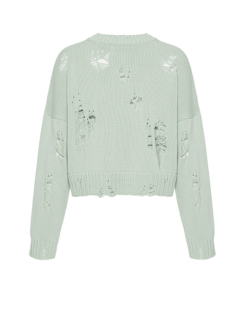 Mint Green Distressed Cropped Cotton Sweater, 2