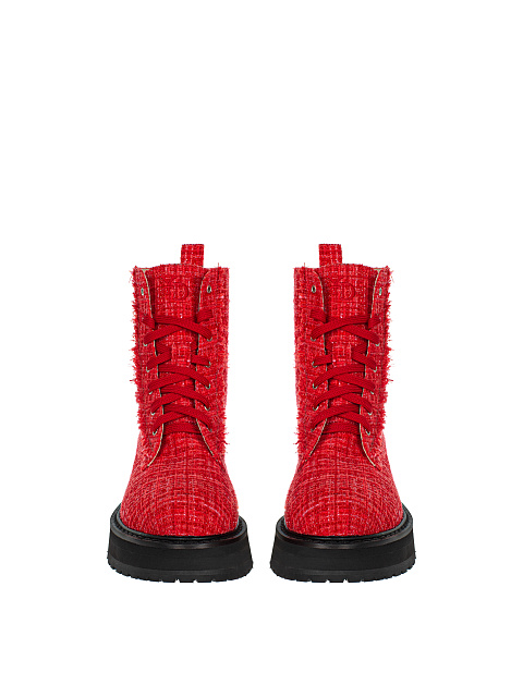 Red Tweed & Leather Lace Up Boots, 2