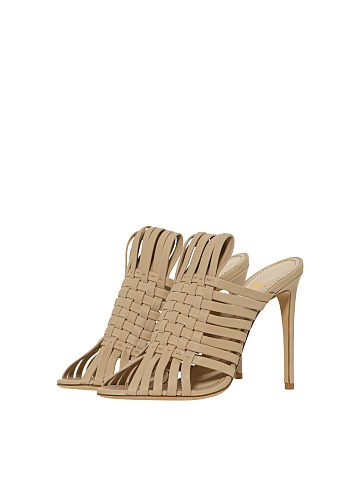 Beige Woven Leather Heeled Mules, 1