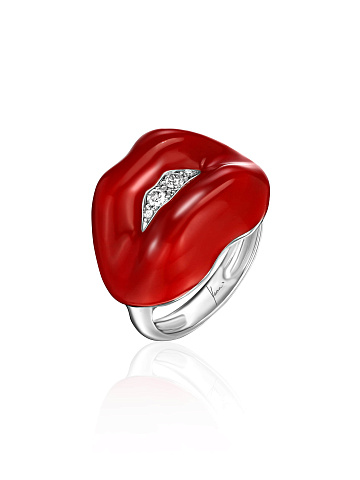 White gold lip-shaped ring with red enamel and diamonds, 1
