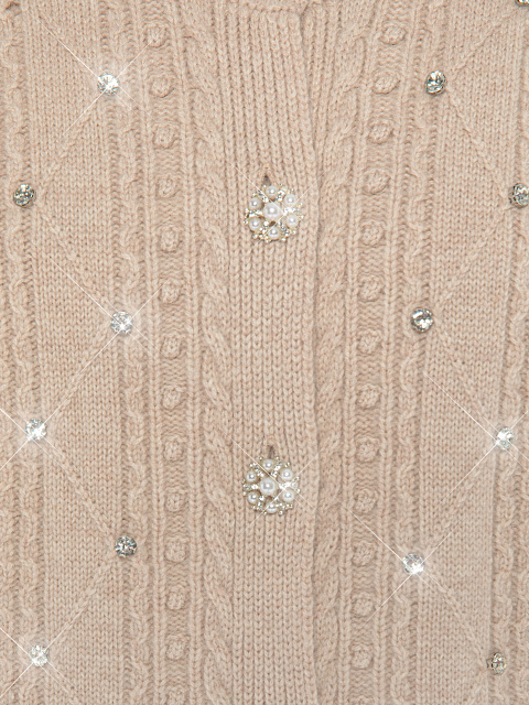 Biege Rhinestones Long Wool Cardigan, 3