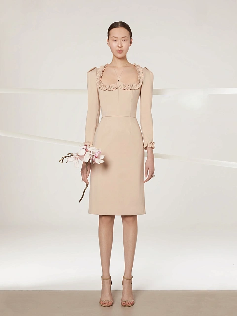 Beige Ruffled Midi Dress, 4