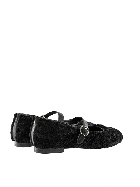 Black Shearling Mary Jane Ballet Flats, 3