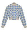 Куртка-бомбер укороченный голубой в клетку на кнопках, накладные карманы