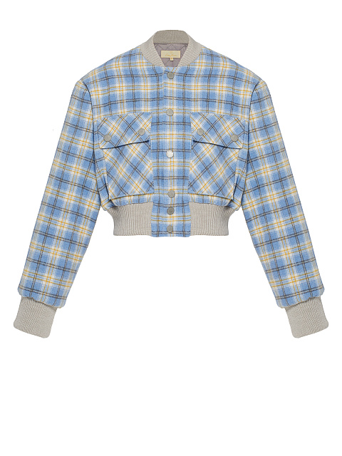 Light Blue Plaid Cropped Bomber Jacket, 1