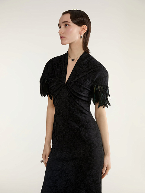Black Jacquard Maxi Dress With Feathers, 7