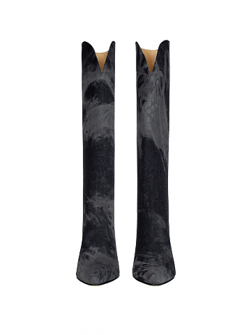 Grey Tie-Dye Denim Heeled Tall Boots, 2