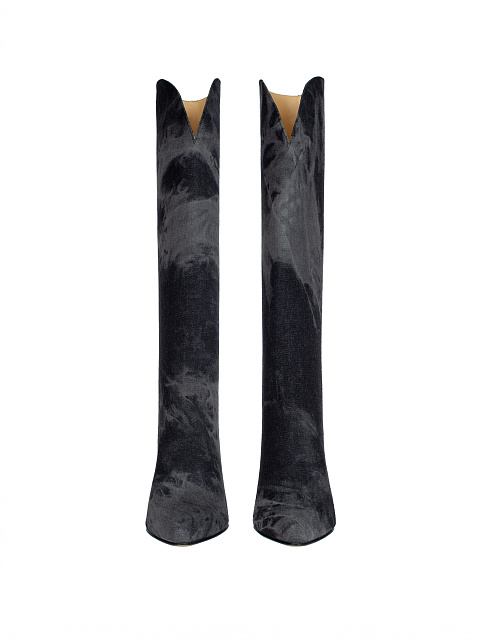 Grey Tie-Dye Denim Heeled Tall Boots, 2