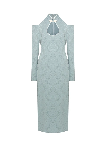 Grey Floral Pattern Jacquard Midi Dress, 1