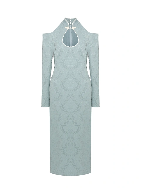 Grey Floral Pattern Jacquard Midi Dress, 1