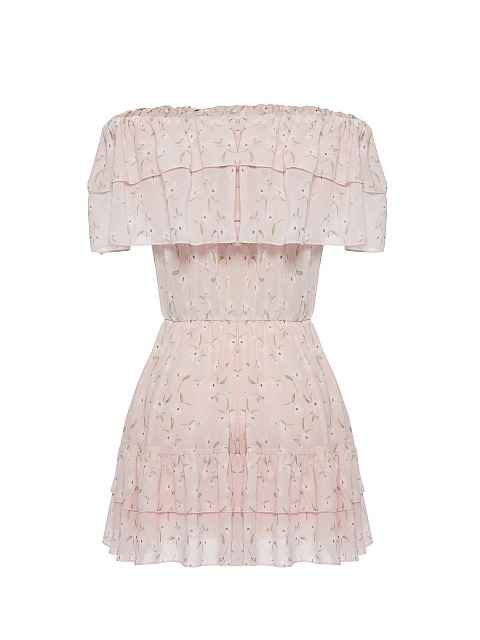 Light Pink Flower Printed Off Shoulder Mini Dress, 2