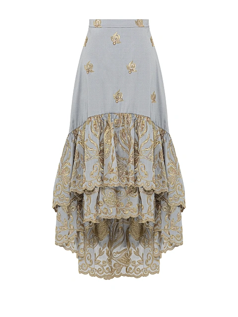 Grey & Golden Embroidery Jacquard Midi Skirt, 1
