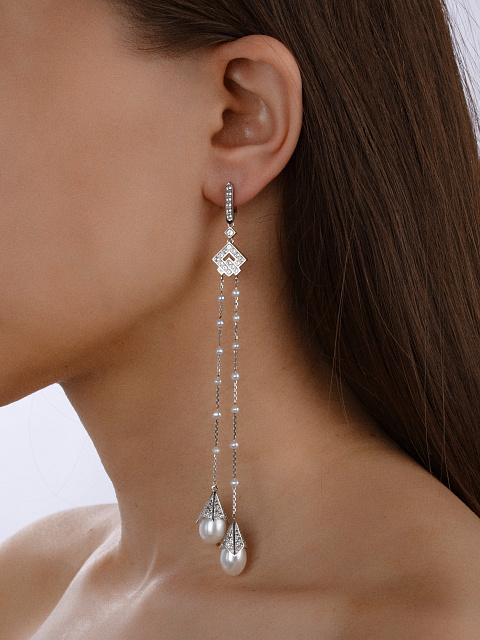 White Gold, Clear Topaz & Pearls Drop Earrings, 2
