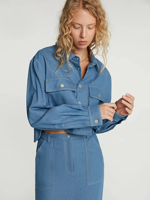 Blue Denim Jacket & Midi Skirt Set, 6