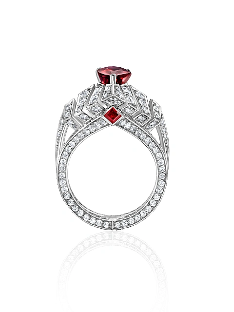 Pear Pigeon Blood Ruby, Round Diamond & White Gold Ring, 3