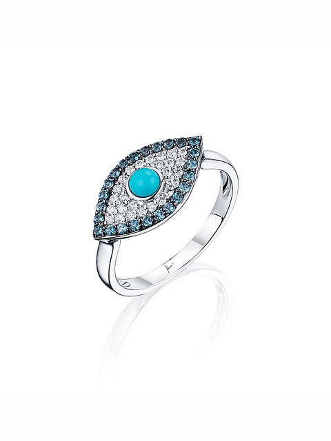 White Gold, Diamonds, Turquoise & Blue Quartz Eye Ring, 1