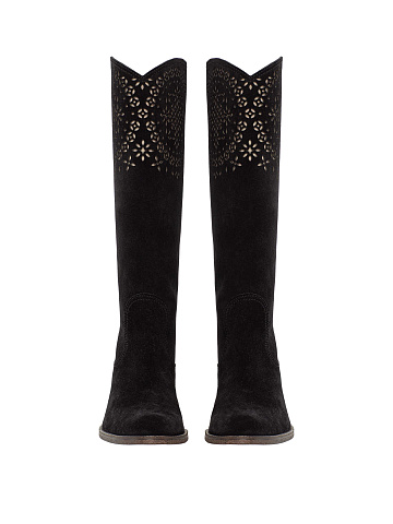 Black suede cowboy boots with perforation, 2