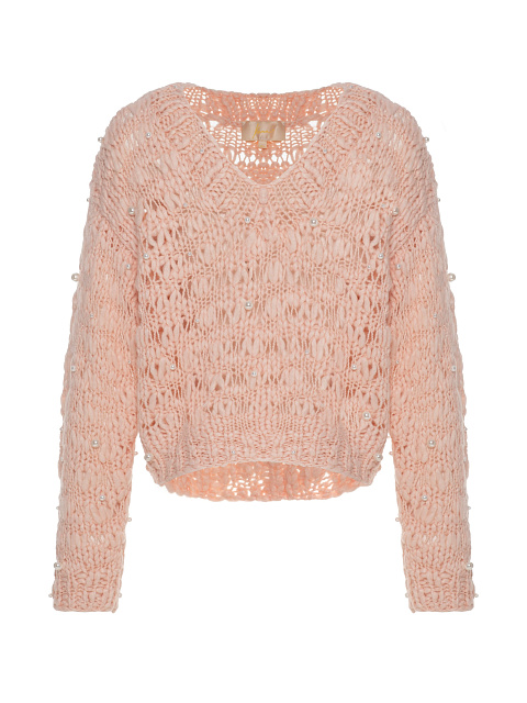 Pink Cashmere And Silk Cropped Pullover With Pearl Embroidery, 1