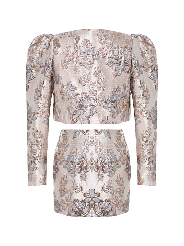 Pink Floral Two-piece Suit With Cropped Jacket And Mini Skirt, 2